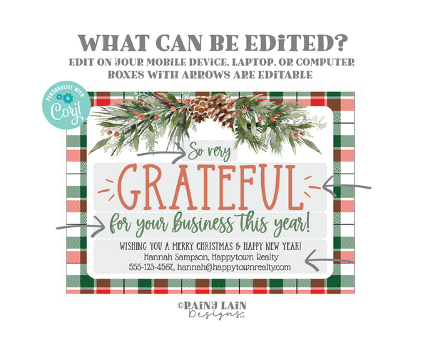 Christmas Small Business Postcard Template Editable Holiday Mailer, Client Customer Appreciation, Thank you for your business Card Plaid