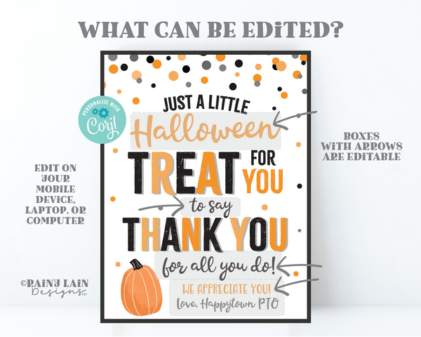 Halloween Treat for you to say Thank you for all you do Sign, Teacher's Lounge, Appreciation, Favor Staff Room, Employee School PTO