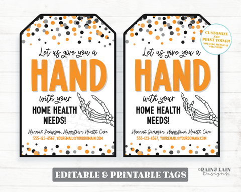 Editable Halloween Referral Gift Tag, Skeleton Give you a Hand with your Home Health Needs, Fall Marketing Printable, DIY Template