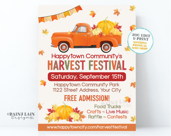 Harvest Festival Flyer Template Editable Fall Pumpkin Invitation, Church, School, Printable, Fundraiser, Leaves Truck