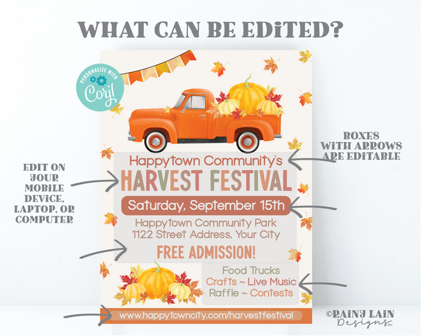 Harvest Festival Flyer Template Editable Fall Pumpkin Invitation, Church, School, Printable, Fundraiser, Leaves Truck