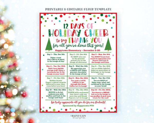 Editable Christmas Holiday Appreciation Flyer Template, 12 Days of Holiday Cheer, Christmas Calendar, Teacher School PTO PTA Event Itinerary