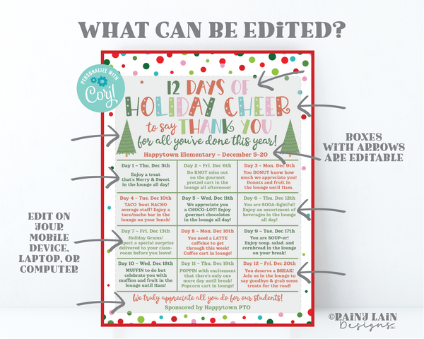 Editable Christmas Holiday Appreciation Flyer Template, 12 Days of Holiday Cheer, Christmas Calendar, Teacher School PTO PTA Event Itinerary