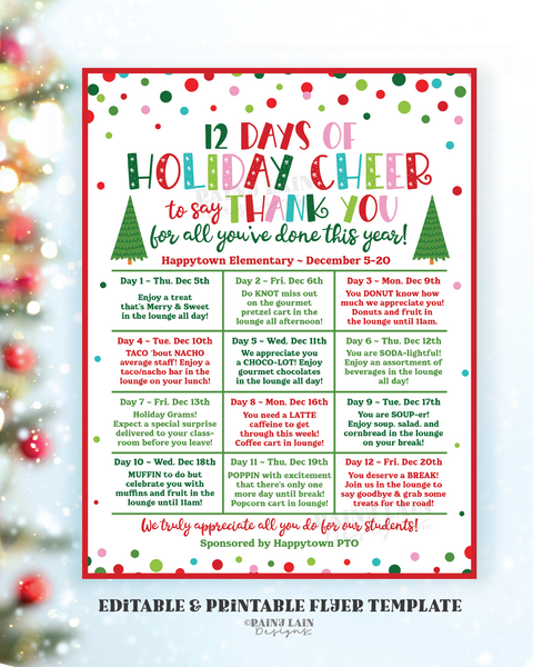 Editable Christmas Holiday Appreciation Flyer Template, 12 Days of Holiday Cheer, Christmas Calendar, Teacher School PTO PTA Event Itinerary