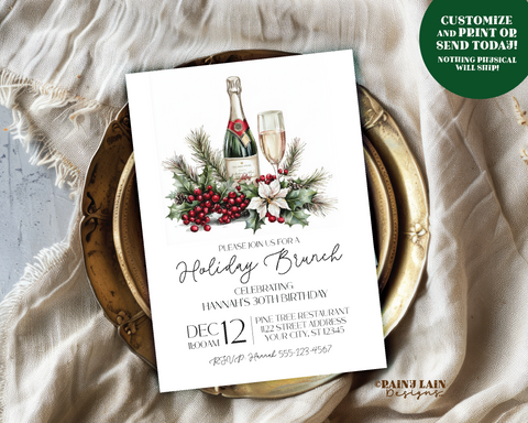 Holiday Brunch Invitation Template Christmas Brunch, Birthday Bridal Shower Engagement Morning After, Wedding Rehearsal Poinsettia Champagne