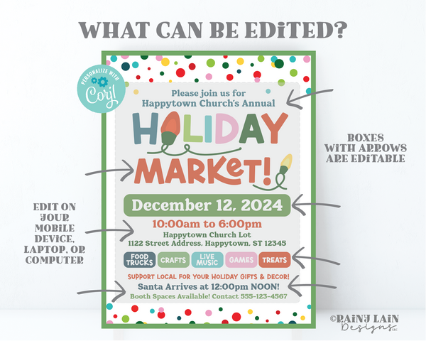 Holiday Market Flyer Template, Editable Christmas Sale Event Craft Fair Show Church School PTO Fundraiser Winter Festival Sign, Invitation