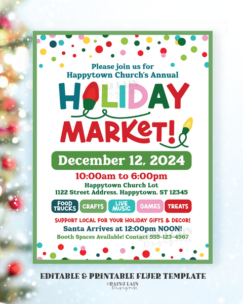 Holiday Market Flyer Template, Editable Christmas Sale Event Craft Fair Show Church School PTO Fundraiser Winter Festival Sign, Invitation