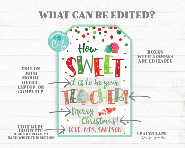 How sweet it is to be your teacher tag From Teacher to Student Christmas Gift Tag Classroom Holiday School Staff Printable Editable