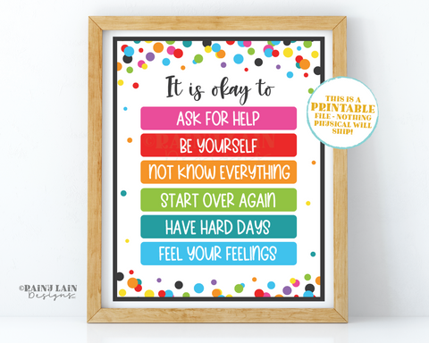 It is okay to Sign, Classroom Printable Therapist Office Decor School Counselor Poster Mental Health Digital Print Instant download