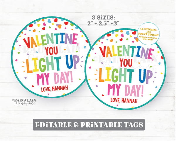 Valentine You light up my day Tag, Finger lights, Glow Stick, Lite, bracelet, Preschool Non-Candy, Classroom, Kids Printable, Round, Digital