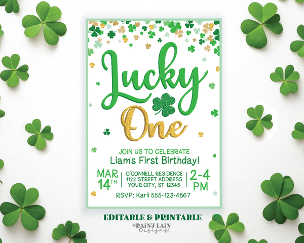 Lucky One First Birthday Invitation, St Patrick's Day Invite, Shamrocks, Four Leaf Clovers