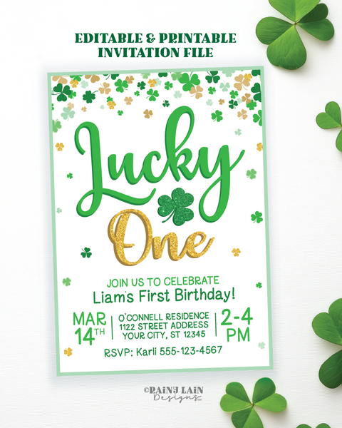 Lucky One First Birthday Invitation, St Patrick's Day Invite, Shamrocks, Four Leaf Clovers