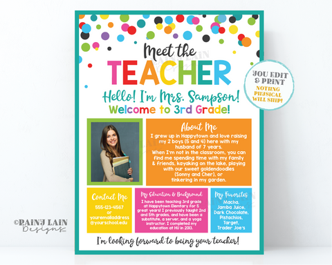 Editable Meet The Teacher Template, Printable School Welcome Letter. Teacher Information Sheet for Parents and Students, Digital Download