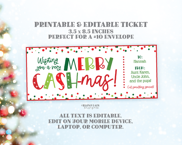 Editable Christmas Gift Voucher, Printable Holiday Cash Card, Merry CASHmas, Trip Ticket Template, Boarding Pass Travel Vacation, Tattoo