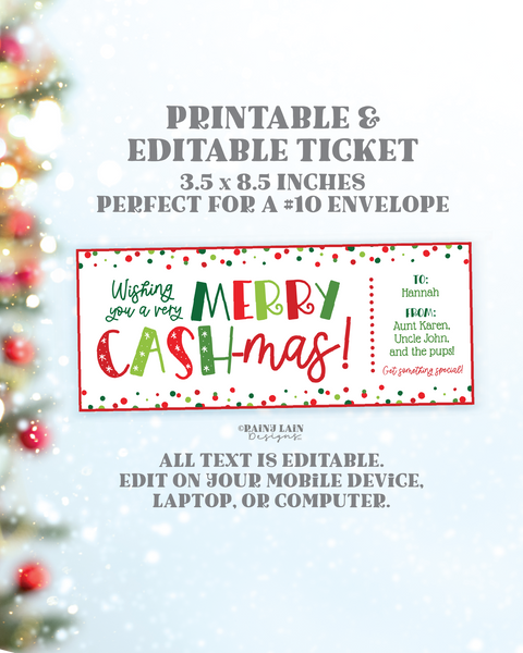 Editable Christmas Gift Voucher, Printable Holiday Cash Card, Merry CASHmas, Trip Ticket Template, Boarding Pass Travel Vacation, Tattoo