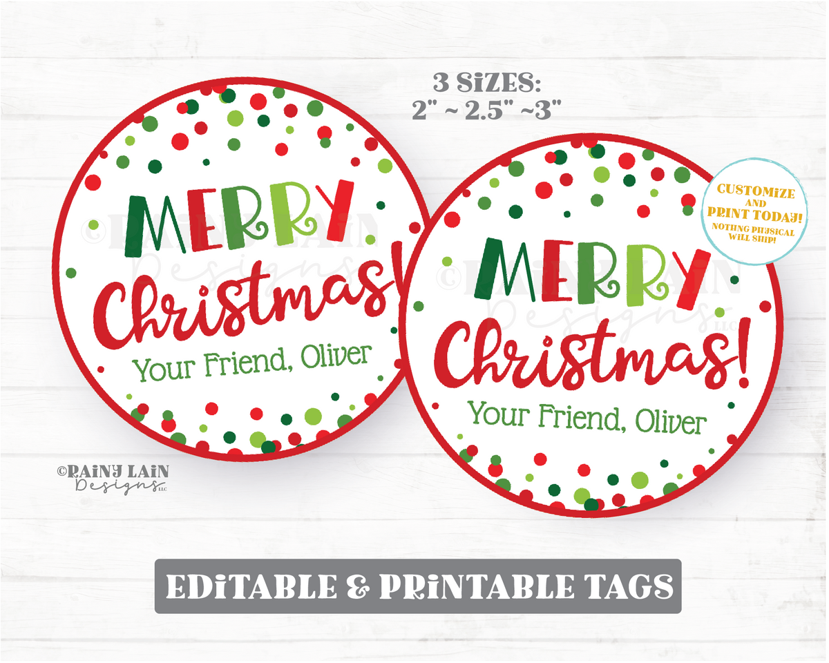 Editable Merry Christmas Tag Round Holiday Gift Appreciation Thank You ...