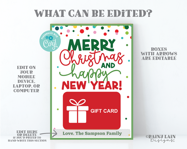 Merry Christmas and Happy New Year Giftcard Holder, Printable Gift Card Holder, Confetti, Teacher, Staff, Stocking Stuffer, Secret Santa