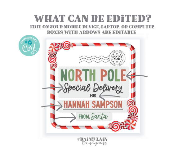 Editable Christmas Label, From Santa Gift Sticker, North Pole Special Delivery, Printable, Personalized, Christmas Eve Box, Digital Download