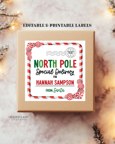 Editable Christmas Label, From Santa Gift Sticker, North Pole Special Delivery, Printable, Personalized, Christmas Eve Box, Digital Download