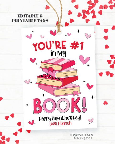 Bookmark Valentine, Printable Valentine's Day Tag, Book Valentine, #1 My Book Card, Classroom, Exchange, Classmate, Preschool, Non-Candy