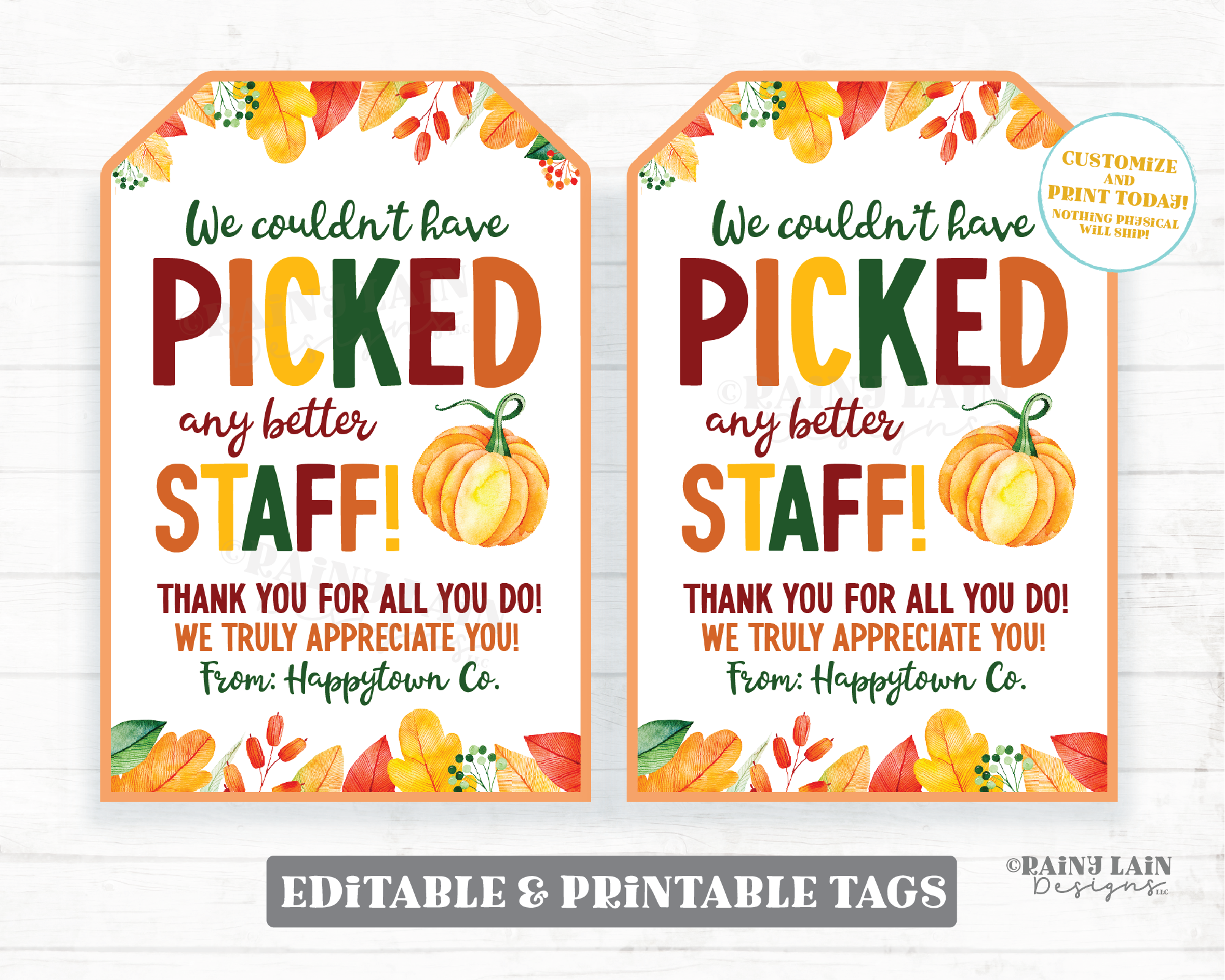 Pumpkin Gift Tag, Picked a Better Staff, Treat Tag, Fall Leaves Autumn, Thanksgiving, Appreciation, Employee, Company Staff, Teacher PTO PTA