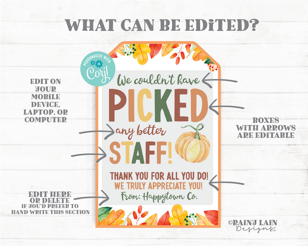 Pumpkin Gift Tag, Picked a Better Staff, Treat Tag, Fall Leaves Autumn, Thanksgiving, Appreciation, Employee, Company Staff, Teacher PTO PTA