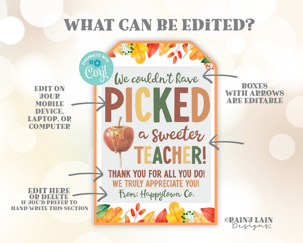 Caramel Apple Gift Tag, Picked a Sweeter Teacher, Fall Leaves Autumn, Thanksgiving, Appreciation, Employee, Staff, Teacher PTO PTA, Kit