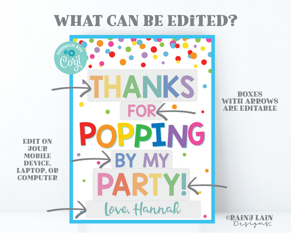 Thanks for Popping by my Party Sign, Birthday favor table sign, Pop party favor, fidget toy, popcorn printable birthday party favor editable