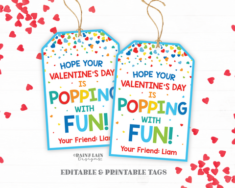 Popping with Fun Valentine Tag, Pop Fidget Toy, Valentine's Day Gift, Popcorn, Classroom Printable Kids Editable Non-Candy Digital Download