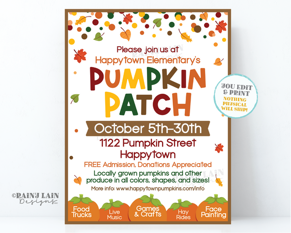 Pumpkin Patch Flyer Template Editable Fall Harvest Festival Invitation, Church, School, Printable, Fundraiser, Leaves Pumpkins Confetti