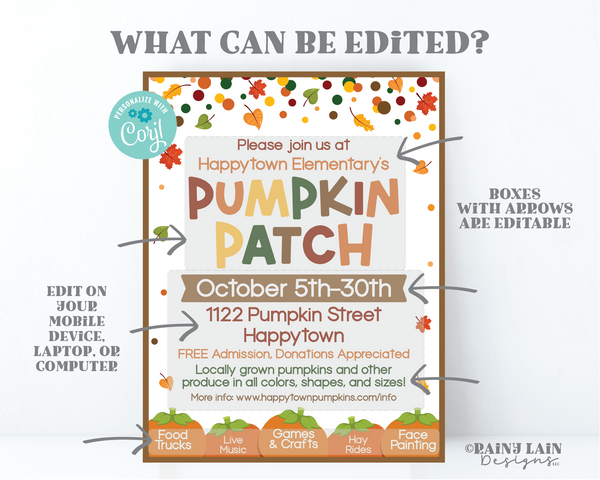 Pumpkin Patch Flyer Template Editable Fall Harvest Festival Invitation, Church, School, Printable, Fundraiser, Leaves Pumpkins Confetti