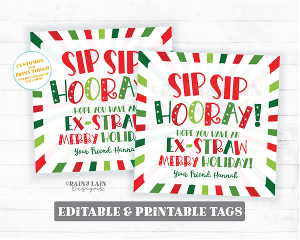 Straw Christmas Gift Tag Sip Sip Hooray Ex-STRAW Merry Holiday Silly Crazy Bendy Staff Drink Soda Spirits Kids Student From Teacher