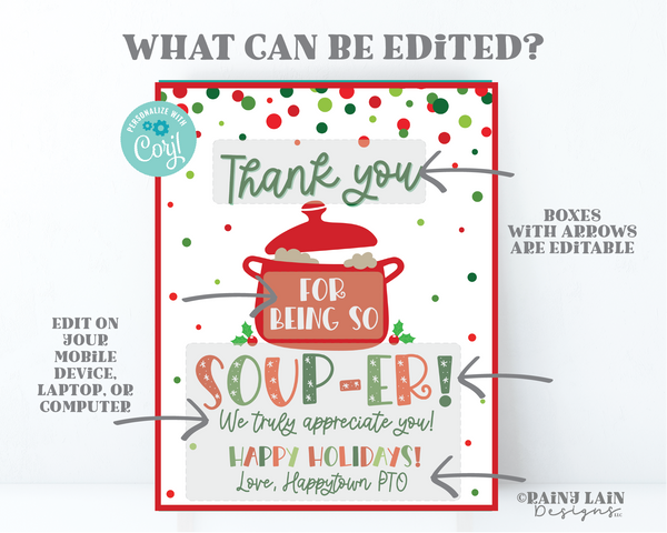 Christmas Soup Sign, Soup-er Staff, Editable Super Staff Teacher, Employee, Holiday Appreciation Luncheon Decor, Thank You, School PTO PTA