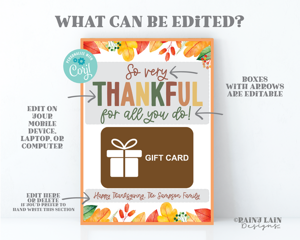 Editable Thanksgiving Gift Card Holder Template, So Very Thankful for you, Teacher, Fall Appreciation, Last Minute Printable Giftcard Holder