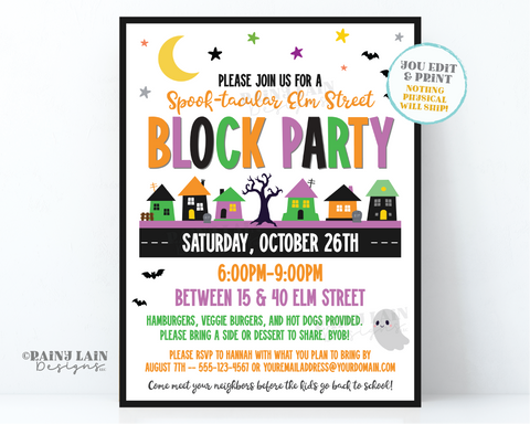 Editable Halloween Block Party Flyer Template, Neighborhood Invite, Potluck Invite, Digital Download, Printable