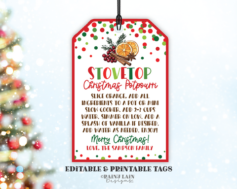 Stovetop Potpourri Christmas Gift Tag, Editable, Teacher, Label, Neighbor, Holiday Scents Digital Printable, Digital Download