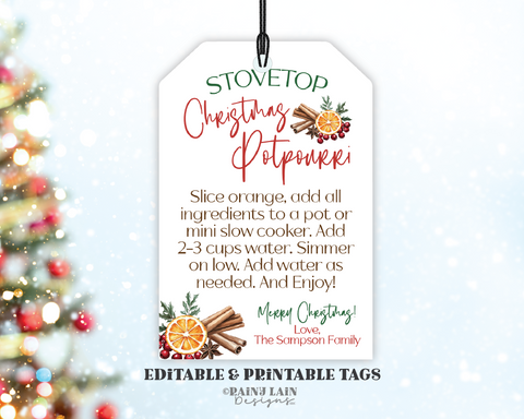 Editable Stovetop Potpourri Christmas Gift Tag Template, Holiday Scents Label, Neighbor, Teacher, Digital, Printable, Download