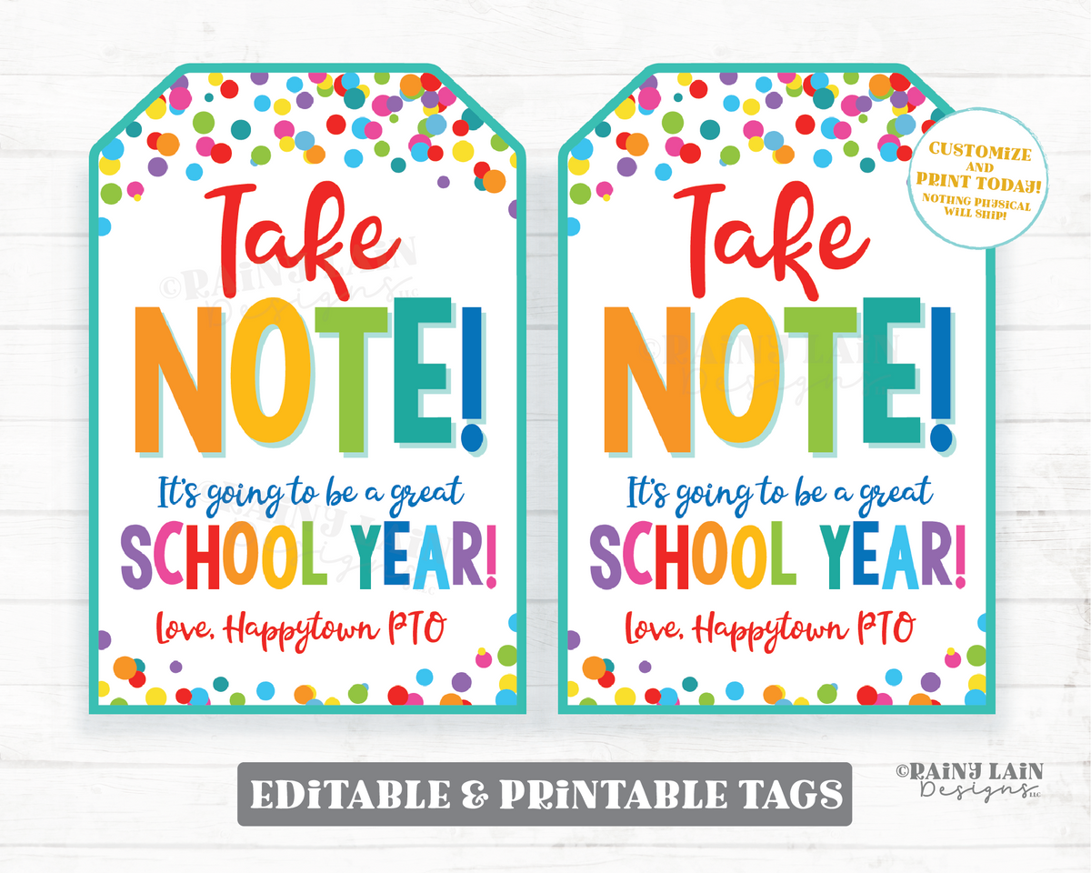 Take Note Great School Year Tag Notebook Editable First Day of School ...