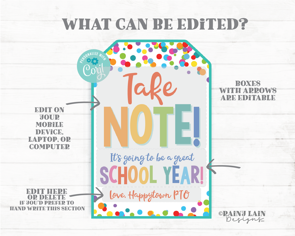 Take Note Great School Year Tag Notebook Editable First Day of School ...