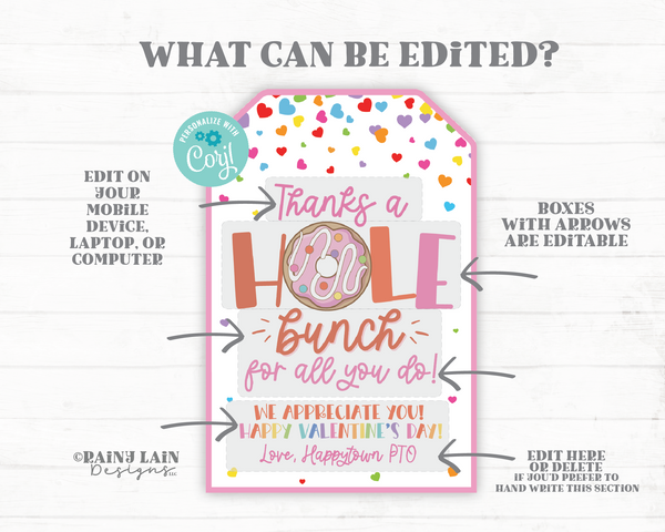 Editable Valentine's Day Donut Gift Tag, Appreciate Valentine, Hole Bunch, Nurse, Staff, Employee, Teacher Appreciation, School PTO