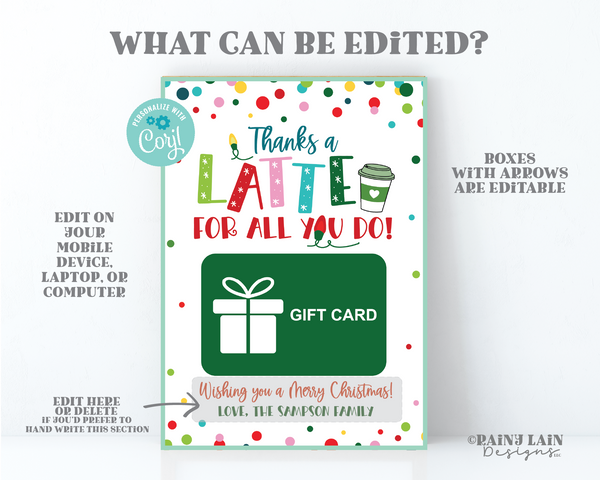 Christmas Coffee Gift Card Holder, Thanks a Latte for all you do, GiftCard Printable Holiday Teacher School PTO, Printable, Staff, Co-Worker