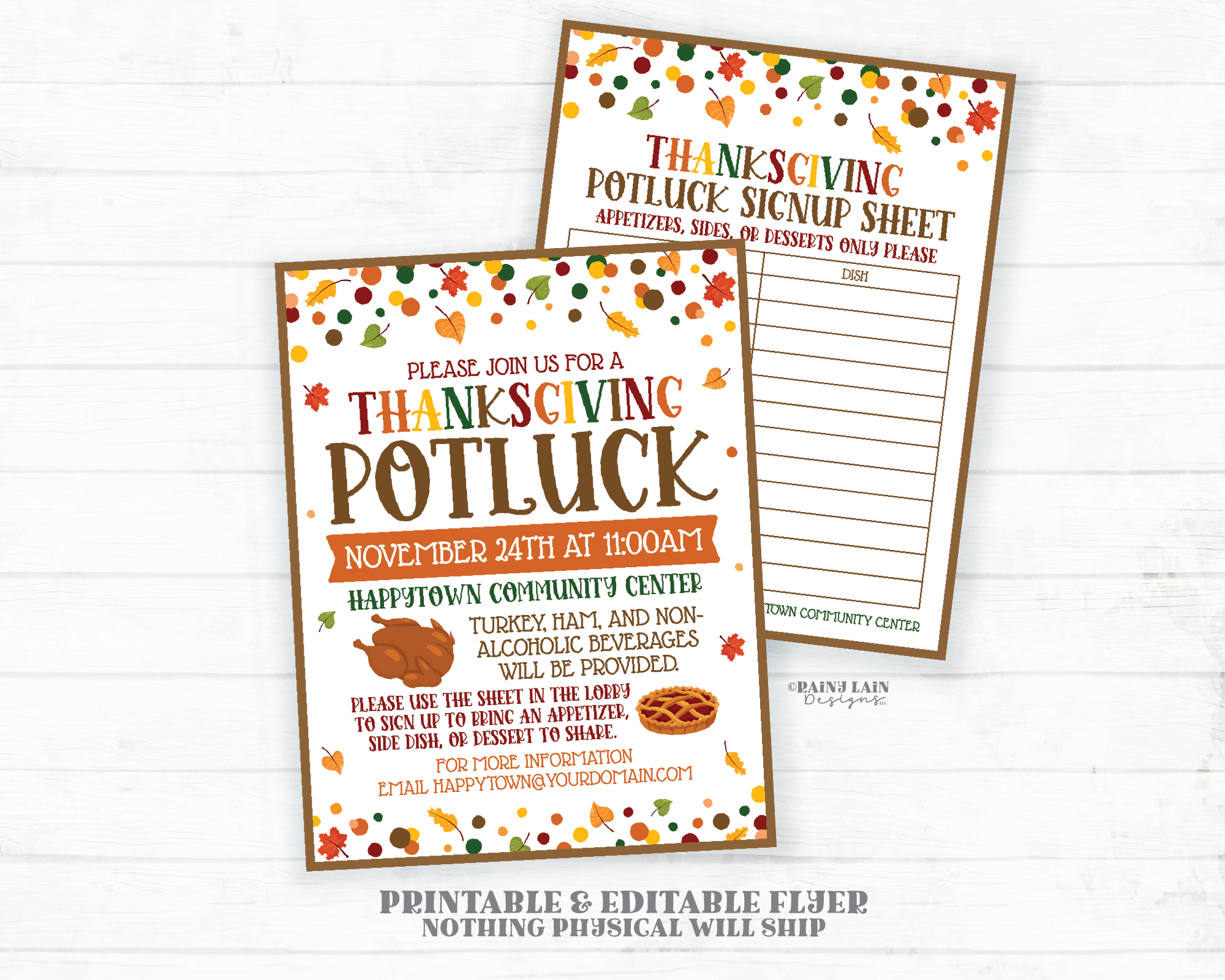 Thanksgiving Potluck Flyer and Signup Sheet Template, Editable Invitation, Church, School, Community, Printable, Digital Download