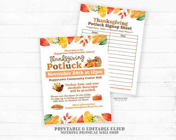 Editable Thanksgiving Potluck Flyer, Signup Sheet Template, &nbsp;Printable Invitation, Church, School, Community,Digital Download