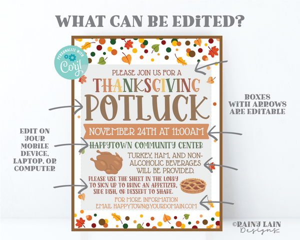 Thanksgiving Potluck Flyer and Signup Sheet Template, Editable Invitation, Church, School, Community, Printable, Digital Download