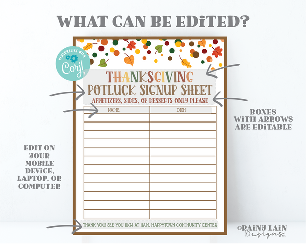 Thanksgiving Potluck Flyer and Signup Sheet Template, Editable Invitation, Church, School, Community, Printable, Digital Download