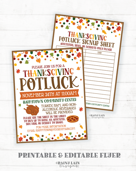 Thanksgiving Potluck Flyer and Signup Sheet Template, Editable Invitation, Church, School, Community, Printable, Digital Download