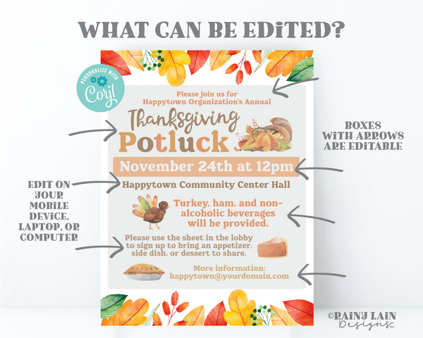 Editable Thanksgiving Potluck Flyer, Signup Sheet Template,  Printable Invitation, Church, School, Community,Digital Download