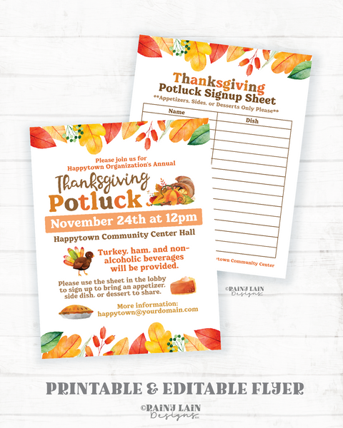 Editable Thanksgiving Potluck Flyer, Signup Sheet Template,  Printable Invitation, Church, School, Community,Digital Download