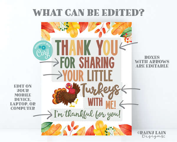 Thanks for Sharing your Little Turkeys Sign Thanksgiving Parent Appreciation Sign Teacher PTA School Childcare Day Care Thank You Thankful