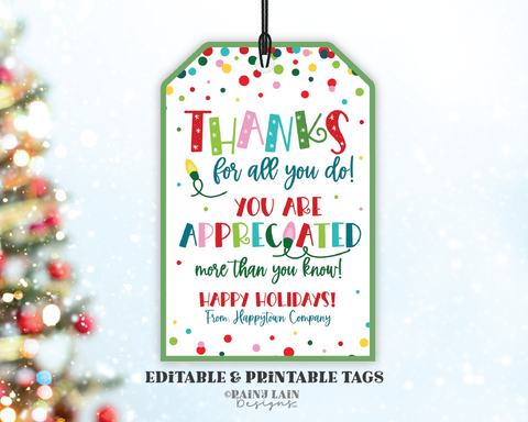 Editable Christmas Gift Tag Template, Thank you for all you do, you are appreciated, Holiday appreciation, staff, employee, teacher, pto